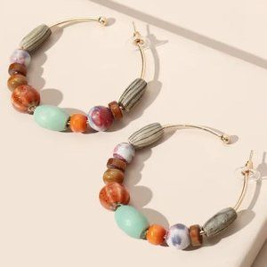 Bohemian Gold Hoop Green Orange Wooden & Ceramic Beads Earrings NEW